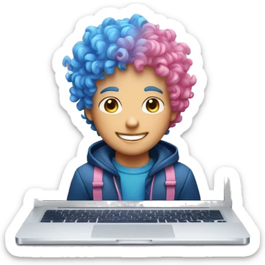 White smiling boy with blue and pink curly hair in front of a Macbook sticker
