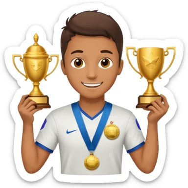 Happy light soccer player with a first-place medal and a trophy
 sticker