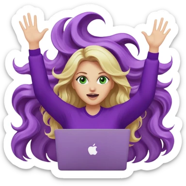 lady with long wavy blonde hair, purple top, green eyes, throwing her with a purple mac laptop hands in the air screaming sticker