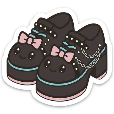 Add silver studs and chains to the primarily black kawaii gothic shoes with pink and pastel accents, no socks, no hearts, transparent background sticker