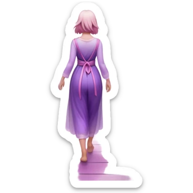 A small figure walks back across a foggy bridge, holding soft pink and purple orbs in each hand—symbolizing compassion and forgiveness. A gentle heart aura trails behind them, showing healing in motion. sticker