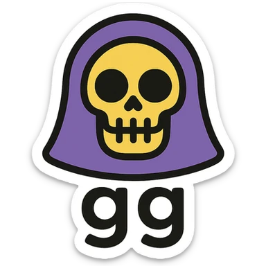 grim reaper head with 'gg' text, color outline icon style, more cartoonish sticker