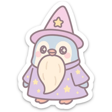 charming penguin wizard with a long beard and starry robe, fantasy style sticker