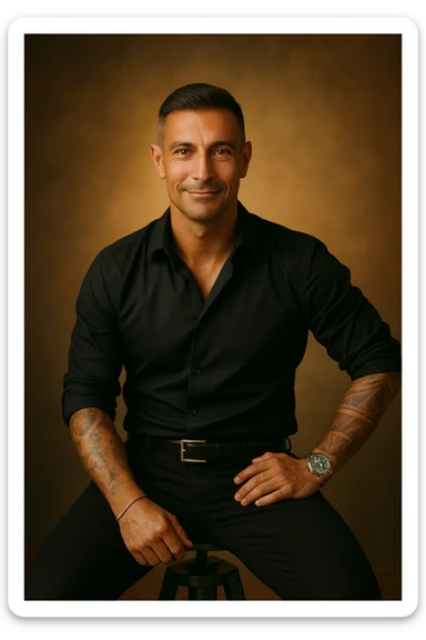 Realistic and cinematic style portrait of a man exemplifying physical and mental well-being: serene and confident expression, energetic posture, luminous skin, bright eyes, warm and welcoming atmosphere. Include visual details suggesting inner balance, health, and vitality. Aspect ratio 2:3. sticker