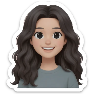 chica con pelo negro largo ondulado, piel clara y pálida y ojos negros con ropa casual sonriente sticker