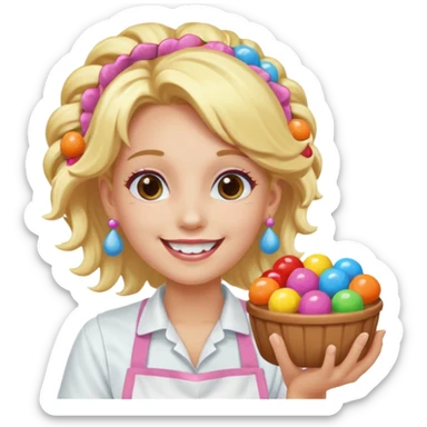 candy shop vendor, looking like candy with candy earrings and candy hair with big smile and blond hair sticker