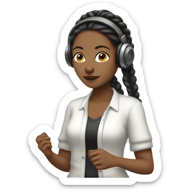 Medium tone women with braids wear a white shirt and cardigan wearing headphones listening to music sticker
