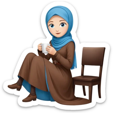 Turkish beautiful finish Konya girl blue eyes with brown hijab long tail dress and sits on the chair on the ground and holds cup coffe with her hand  sticker