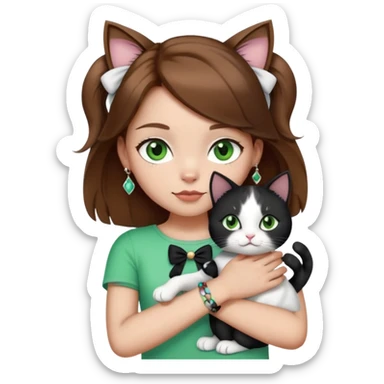 Девочка с коричневым волосами,с зелёными глазами,на ней одет чёрной белый топ,на руке браслет,а на голове бантик.Она держит в руках чёрно белую кошку sticker