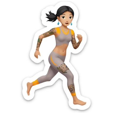 sexy nude asian girl with slightly tan skin, tattoes and earrings running, nude feet sticker