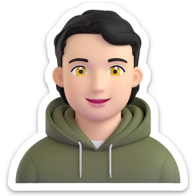 man with smiley face, black hair military cut, brown eyes, wearing 2 circle earrings and a black hoodie sticker