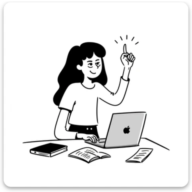 A smiling musician sitting at a desk with a laptop, raising hand during class sticker