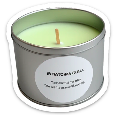realistic, lit matcha scented candle, silver tin, small plain white label with black text sticker