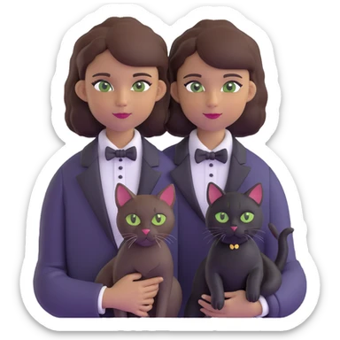 brown haired girl with light tan skin and brown eyes holding a black Bombay cat with green eyes and a black and white Tuxedo cat with hazel eyes sticker