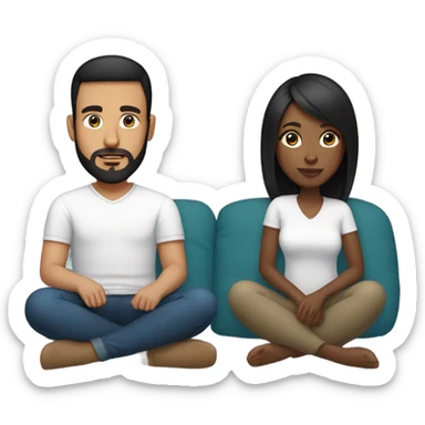 Black woman with black straight hair sitting on soft surface with pillows   with white male with brown hair and beard  sticker