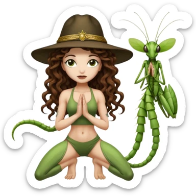 full body woman long curly brown hair brown eyes white skin tattoos muscular build praying mantis hat couture sticker