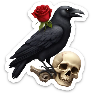 Crow standing on human skull holding rose in its beak sticker