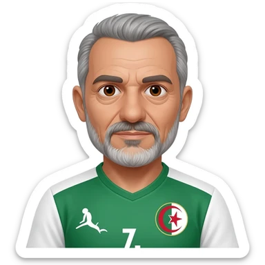 homme algérien peau claire yeux marrons 67 ans cheveux gris avec barbe légèrement grisonnant avec maillot blanc et vert foot Algérie sticker