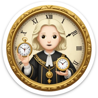 a 1600s judge with a hurried expression holding a clock that ticks VERY FAST  sticker