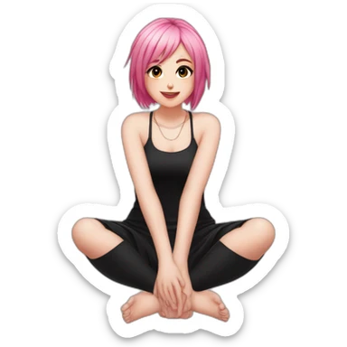 Full body Front view curvy emo girl pink hair sits on the floor straight view hands up black skirt полосатые рваные чулки sticker