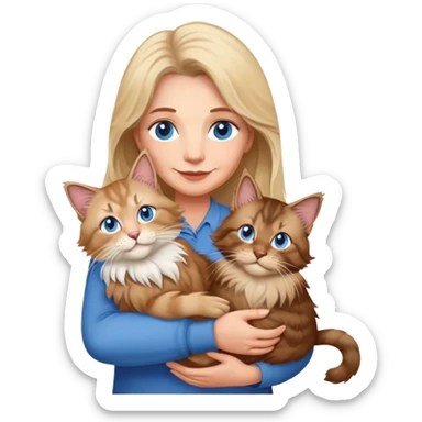 A blonde blue eyed older woman holds a brown Maine Coon cat in her arms sticker