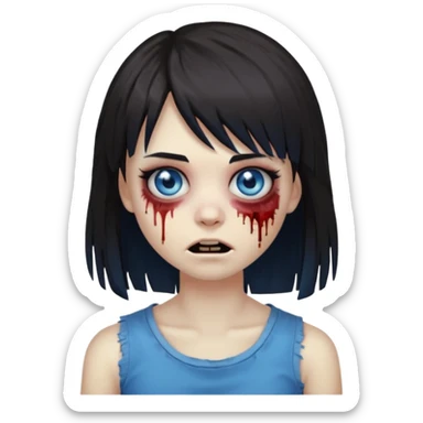 zombie emoji 🧟‍♀️ dark hair long her shoulders bangs emo and ragged haircut blue eyes sticker