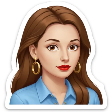 Beautiful croatian woman in her mid 30s with long brown hair red lips gold mid size hoop earrings noise cancelling earbuds in light blue mens shirt sticker
