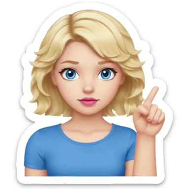 Girl Blonde short wavy hair,  blue eyes, cute blue top, long lashes, pink lips, showing thumbs down 👎  sticker