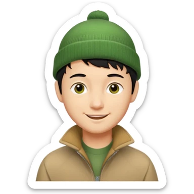 young man with longish pixie cut black hair, tan complexion, green beenie hat, tan jacket, pork chop sideburns sticker