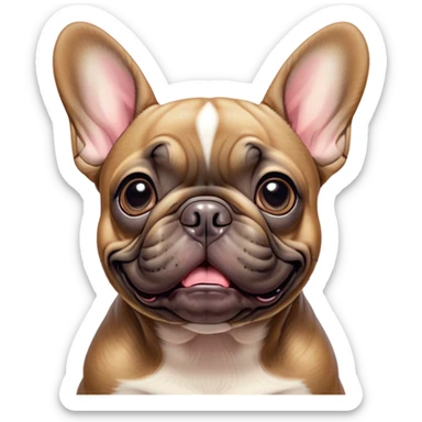 Cinematic Comical Fawn French Bulldog Portrait Emoji, Head tilted dramatically with an exaggeratedly amused expression, featuring a striking fawn coat with a subtle brindle pattern, wide, expressive dark eyes filled with playful disbelief, Simplified yet hilariously expressive features, highly detailed, glowing with a slightly sassy glow, high shine, dramatic yet playful, stylized with an air of cheeky charm, bright and endearing, soft glowing outline, capturing the essence of a spirited and over-the-top companion, so meme-worthy it feels like it could side-eye its way into internet fame instantly! sticker