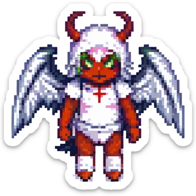Pixel art depiction of a half demon, half angel character, with one side light and the other dark, each with their respective features, pixel art style sticker