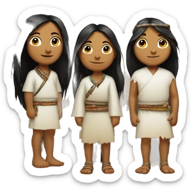 Koguin indigenous family at the door of a hut with white clothing and long hair sticker