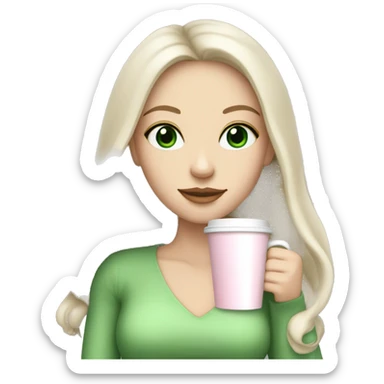 white girl with very long black hair and green eyes and light pink outfit drinking a latte sticker