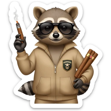 friendly anthropomorphised raccoon in a Sopranos-style mafia tracksuit, wearing dark sunglasses, holding a cigar, confident pose sticker