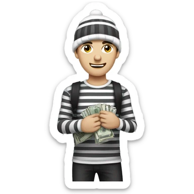 guy with white skin, mild stubble, dark grey beanie, black eye mask, black-and-white striped full sleeve and holding money bag on his left shoulder sticker