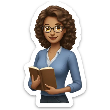 woman teacher brown large hair and clear skin with book sticker