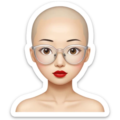 Asian girl with Beige skin Eyes with slightly upturned corners Bald head, wearing transparent plastic frame glasses, thin lips and red lipstick sticker