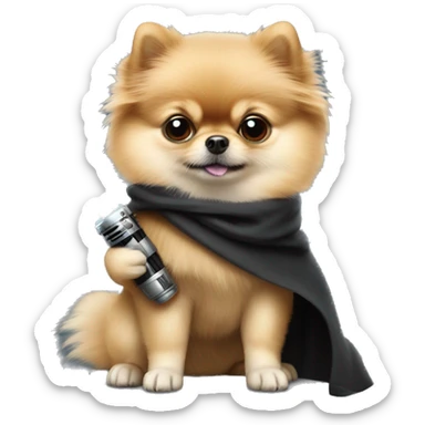 Pomeranian dressed as Luke Skywalker holding a lightsaber sticker