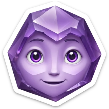 One amethyst-purple faceted rock head character, chunky and rock-like, with irregular facets and a few visible chips, big glossy eyes looking slightly up and a gentle smile, 3D render, high detail, soft rim light, isolated on dark background. sticker