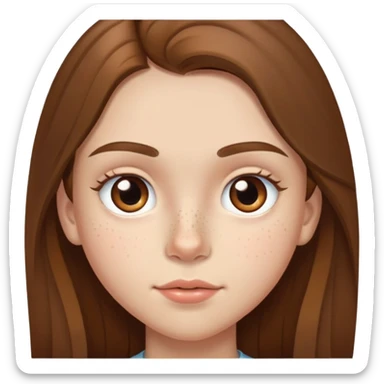A 12-year-old girl with very long brown hair, light brown eyes, medium thick eyebrows, slightly big lips, a small freckle on her cheek and another small freckle under her eye sticker