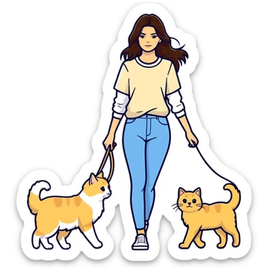 Kendall Jenner with long brown hair walking a golden retriever dog and three cats, two cream colored cats and one white and blue cat sticker