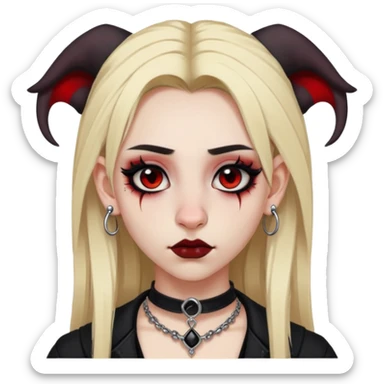 Blonde goth girl, brown eyes, fair skin, dark clothes, nose piercings on both sides, septum pericing, eyebrow peircing, gauged ears, lots of ear piercings, heavy black and red makeup  sticker