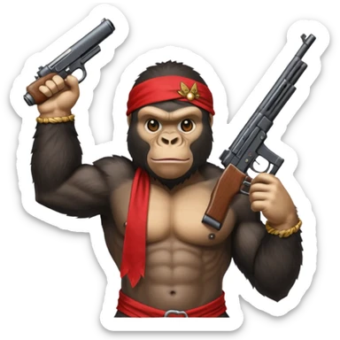 A gorilla holding a gun in the air with a bandana  sticker