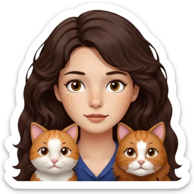 Uzun koyu kahverengi dalgalı saçlı, çenesinde beni olan ve yüzünde biraz çiller olan, iri koyu kahverengi bol kirpikli gözlü sevimli bir yüzü katlı kesim bir saçı olan kadın yap yanına da kilolu tamamen kahverengi bir kedi yap sticker