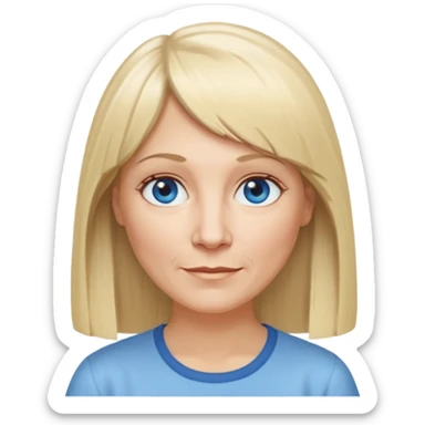 50 yr old white woman, hippie part short bangs, very long straight blond hair, oval face, small smile, blue eyes, thin face, hair downback, hair parted at center of head, round cheeks, pale, longer hair, white shirt sticker