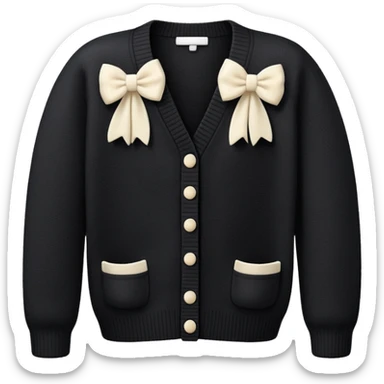 black cardigan with 8 tiny ivory bows all over front and sleeves, realistic 3d isolated, soft texture sticker