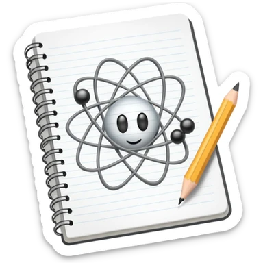 open notebook with an atom symbol on the page sticker