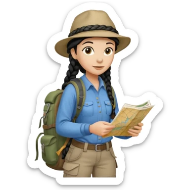 A braid black hair backpacking woman checking her map with curious eyes while walking with camping hat and dirt covered bootsfull body sticker