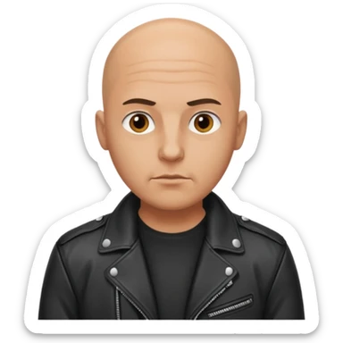 A serious bald man in a leather jacket sticker