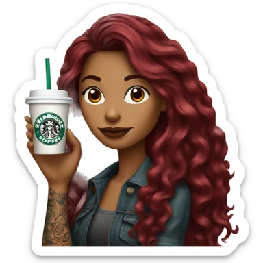 Beautiful tattooed  burgundy long haired woman holding a Starbucks drink sticker